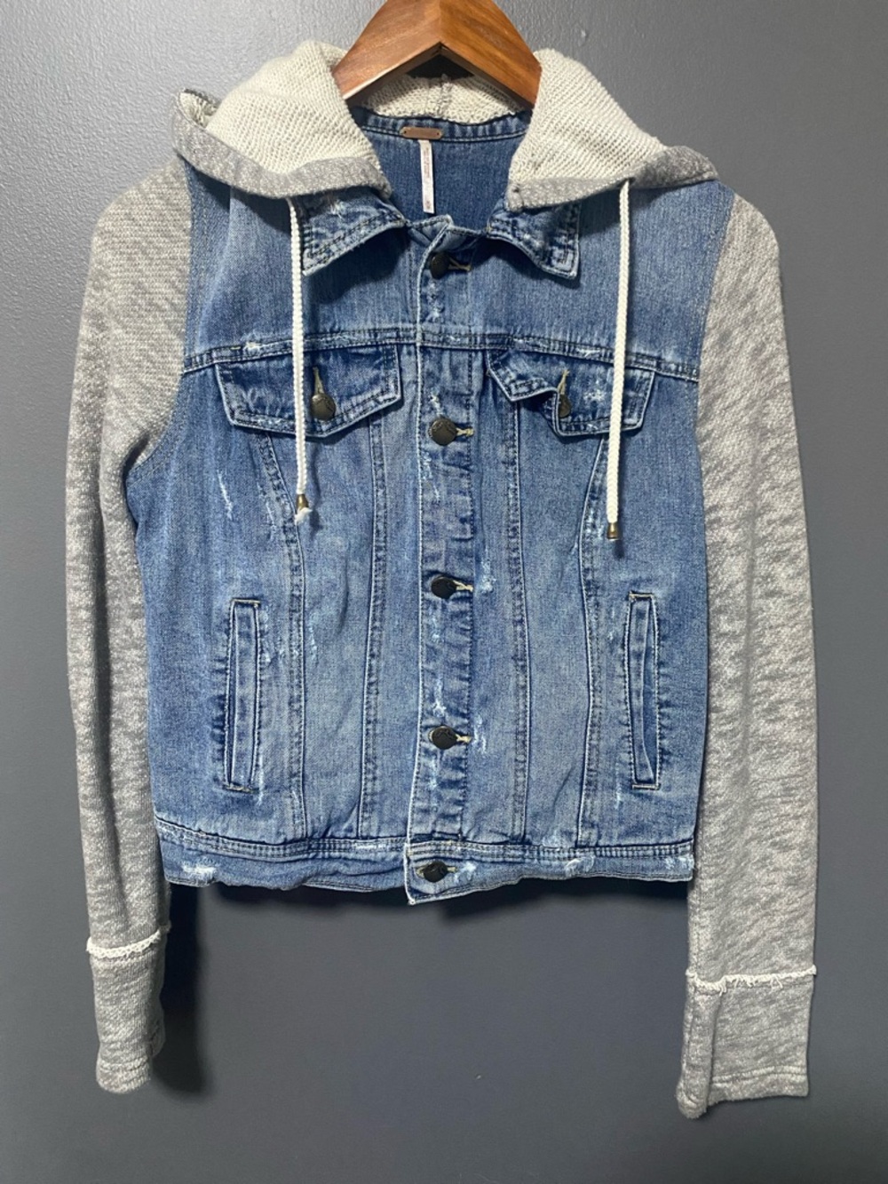 Free People Blue Denim Jacket with Gray Knit Sleeves & Hood